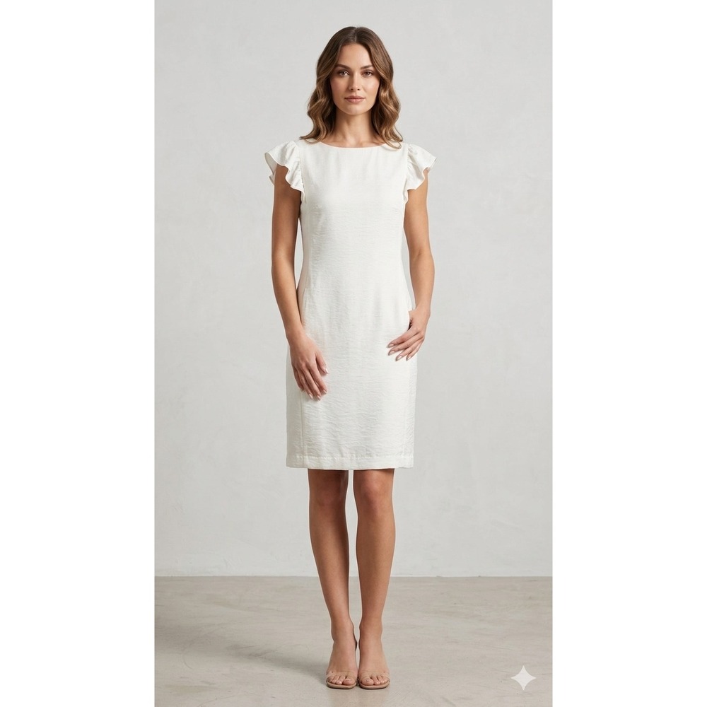 Anne Klein White Ruffle Sleeve Sheath Dress Textured Bridal Event Size 2